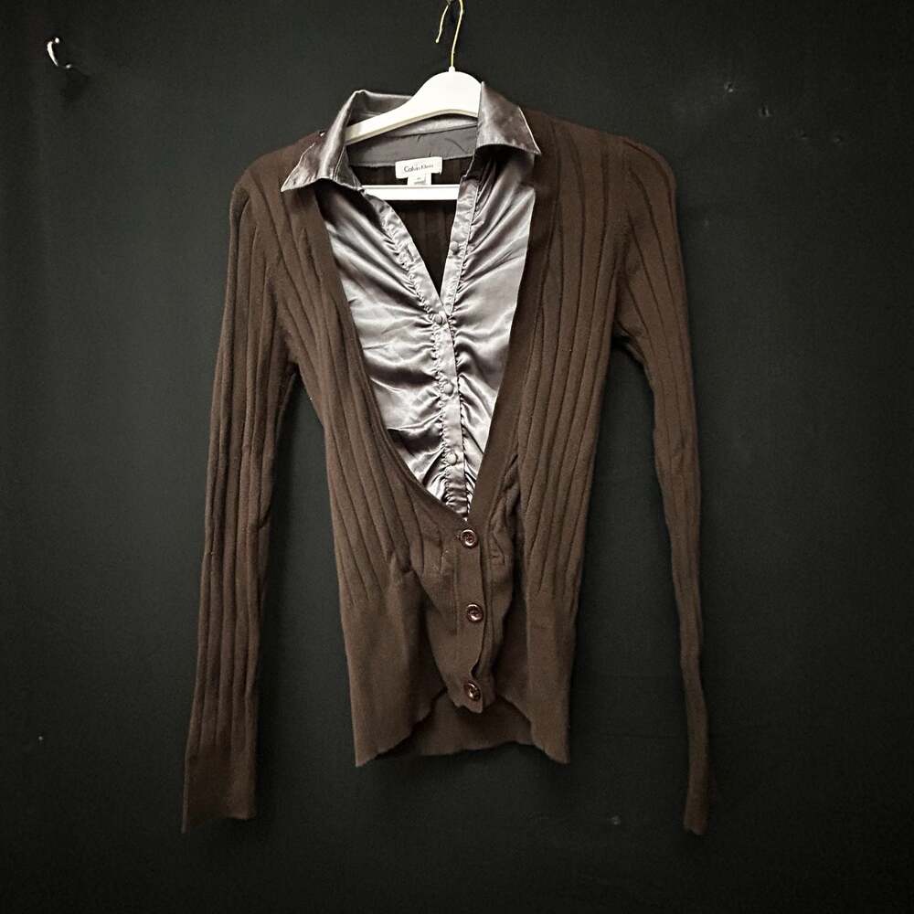 Calvin Klein Women's Brown Ribbed Cardigan with Faux Layered Satin Blouse Size M